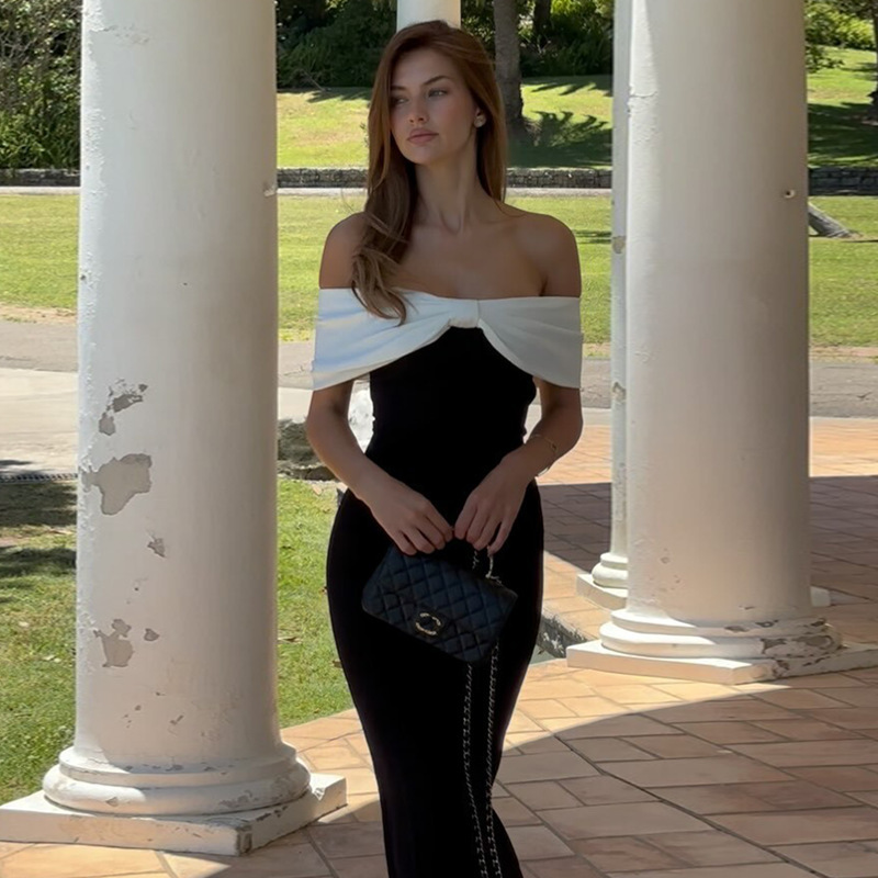 Summer Sexy Off Shoulder Bow Slit Maxi Long Dress For Wedding Black and White Evening Dress Elegant Cocktail Party Dress