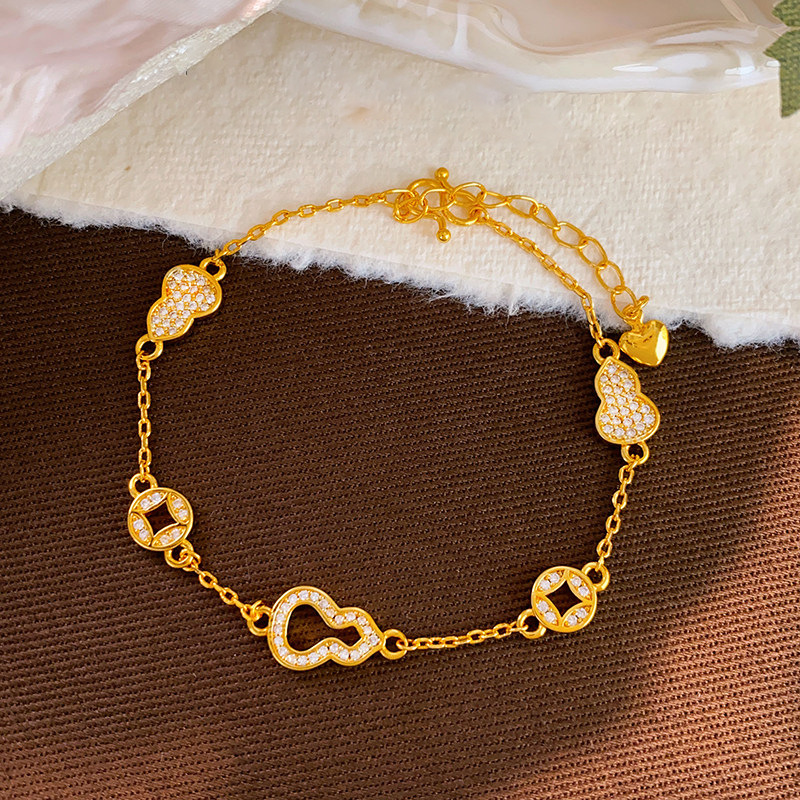 Real Gold Plated Zircon Gourd Copper Coin New Chinese Style National Temperament High-end Sense Bracelet Light Luxury Niche Hand Jewelry