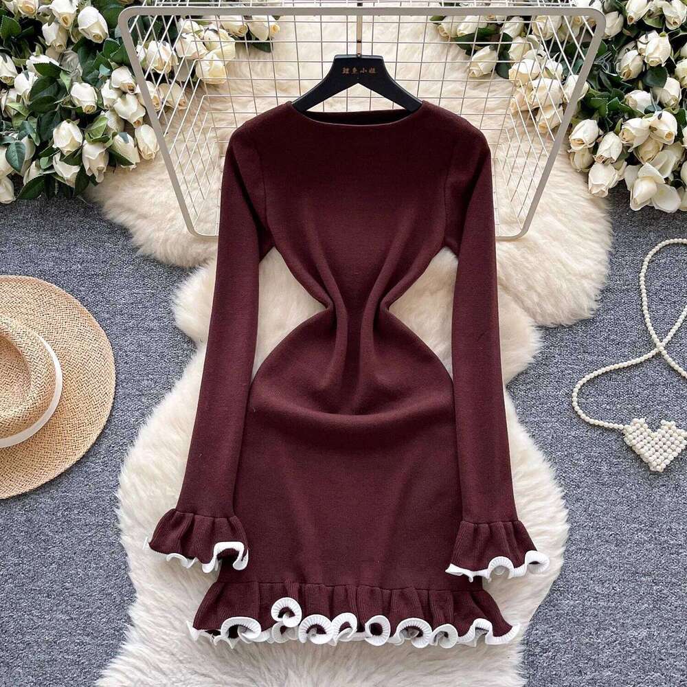 YuooMuoo Chic Fashion Sexy Wrap Hips Knitted Mini Autumn Winter Long Sleeve Ruffled Bodycon Party Dress Streetwear Outfits XJ260130