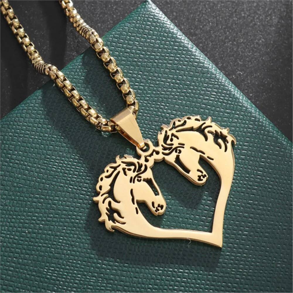Hiphop Hollowed Out Horses Pendant Necklace For Men Women Rock Punk Gold Color Stainless Steel Box Neck Chain Jewelry Gifts