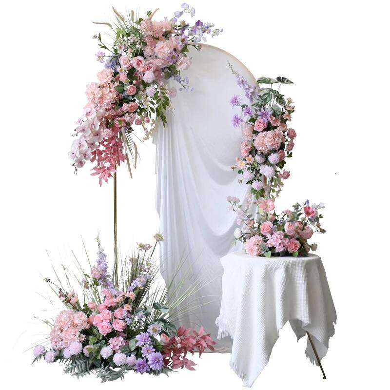 Luxur pink Rose artificial row wedding background decoration moon shape horn table flower Displays Props W260130