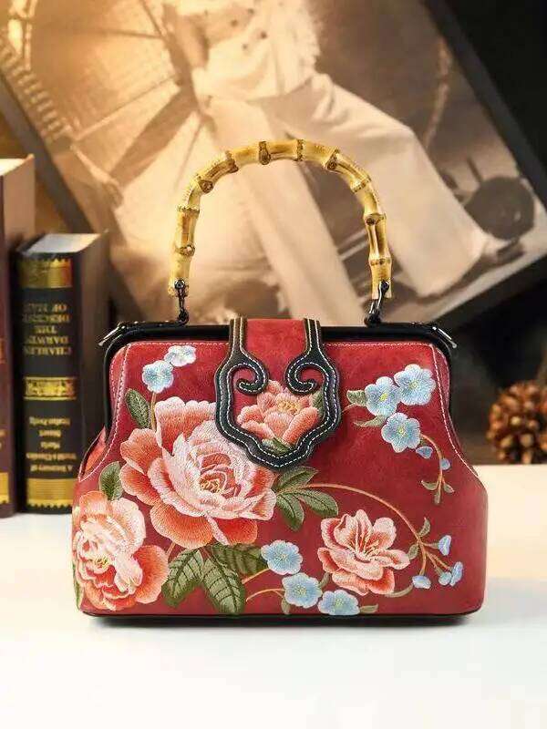 Ele Embroidered Real Leather Bamboo Cane Hand Held Single Oulder For Middle Aged Mothers Chinese Sle Bag KABAHEBINGJUE