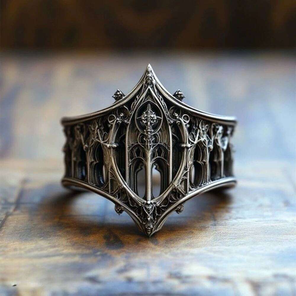 Retro Personality Ancient Silver color Hollowed-out Relief Crown Castle Rings for Women Men Halloween Fashion Gothic Jewelry XJ260130