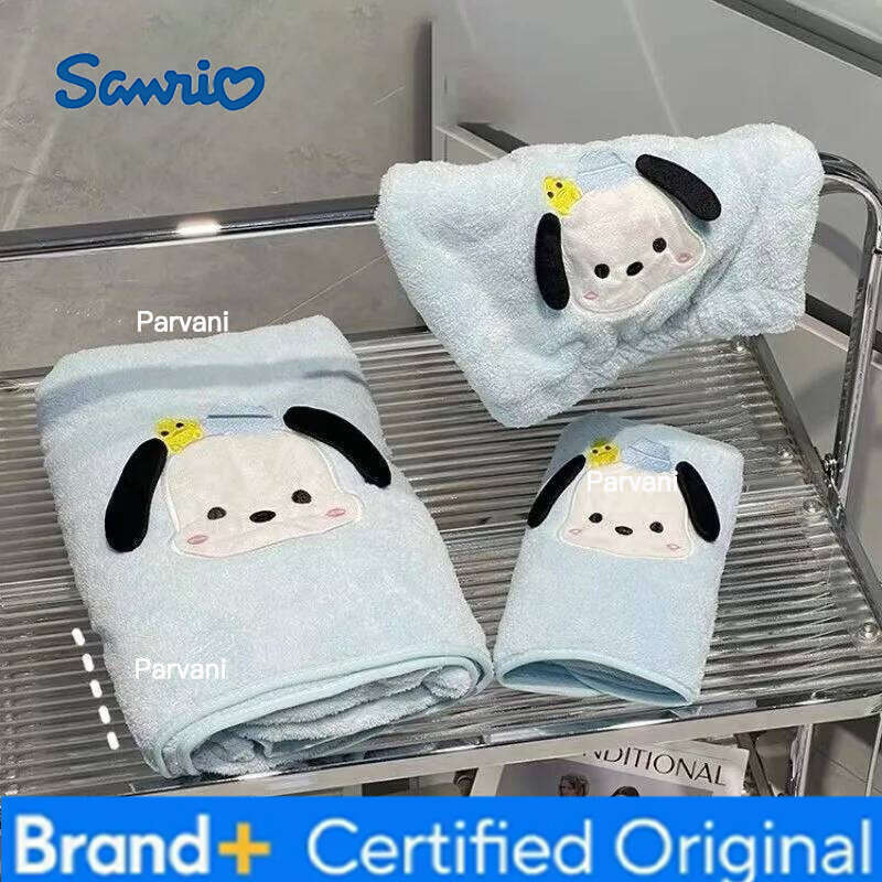Sanrio Cartoon Pochacco Coral Simulation Fleece Set Women Wearable Absorbent Large Bath Skirt Dry Hair Cap And Towel H260130