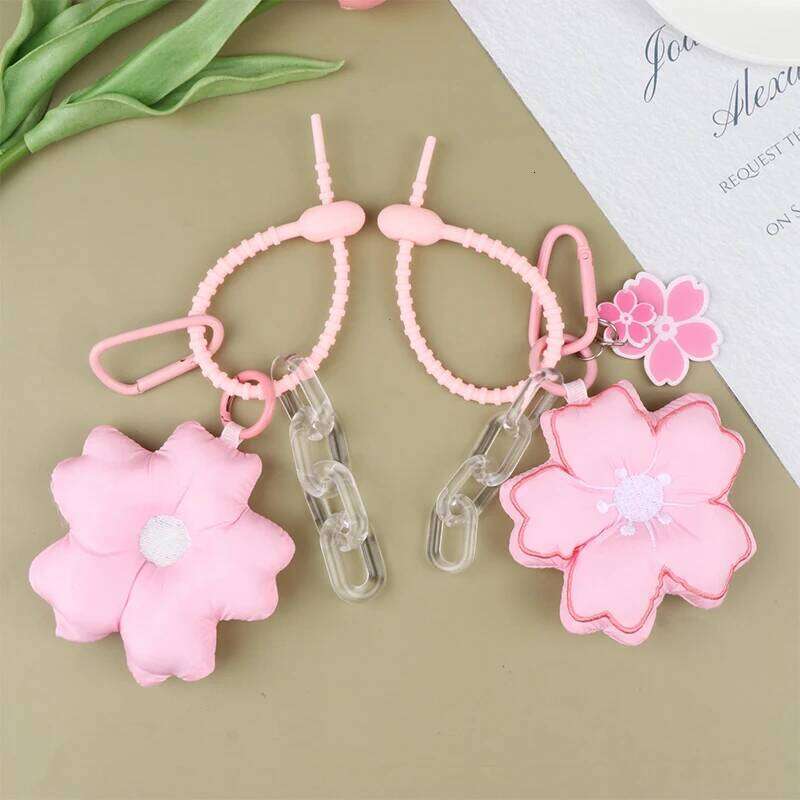 Pink Cherry Blossom Chain Fabric Sakura Pendant Cute Flower Key Ring Backpack Charms Car Decoration Bag Accessories Z260130