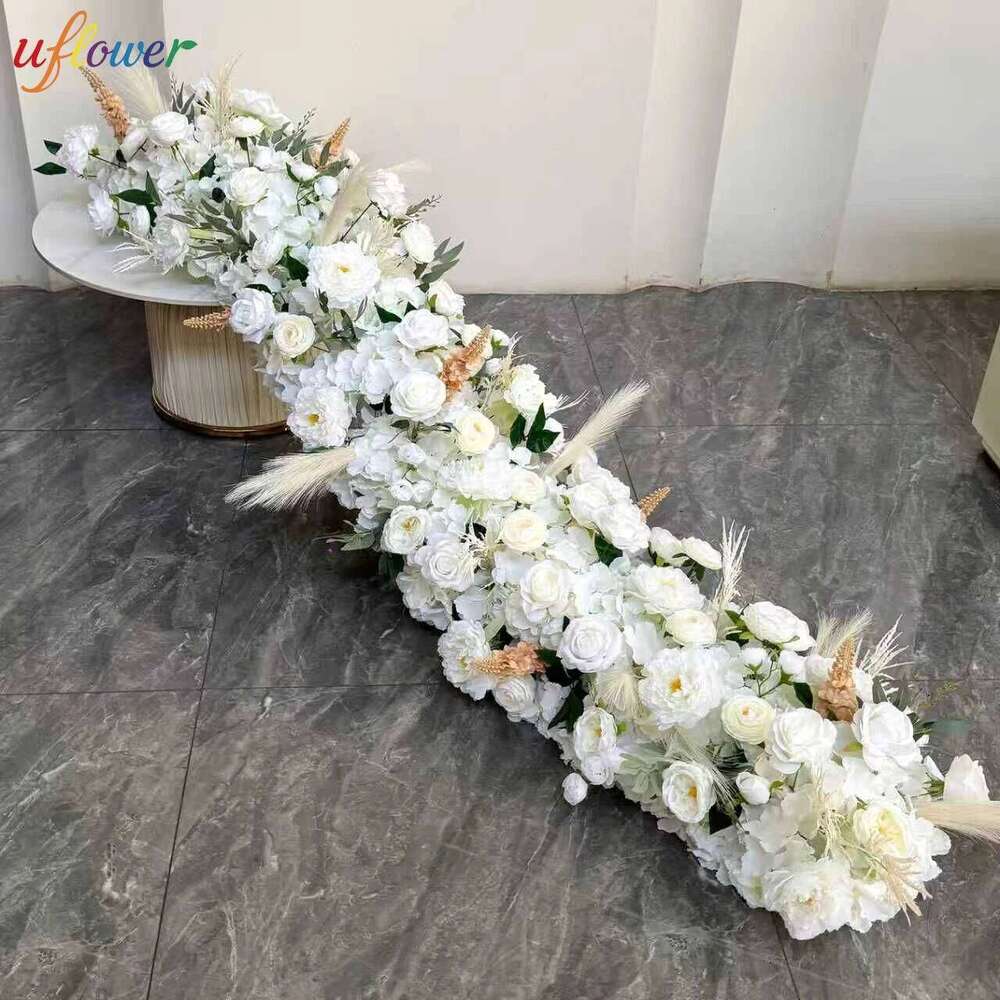 Uflower 100/200cm White Rose Green Leaf Artificial Long Runner Row Flower Wall Wedding Backdrop Decor Event Party Props W260130