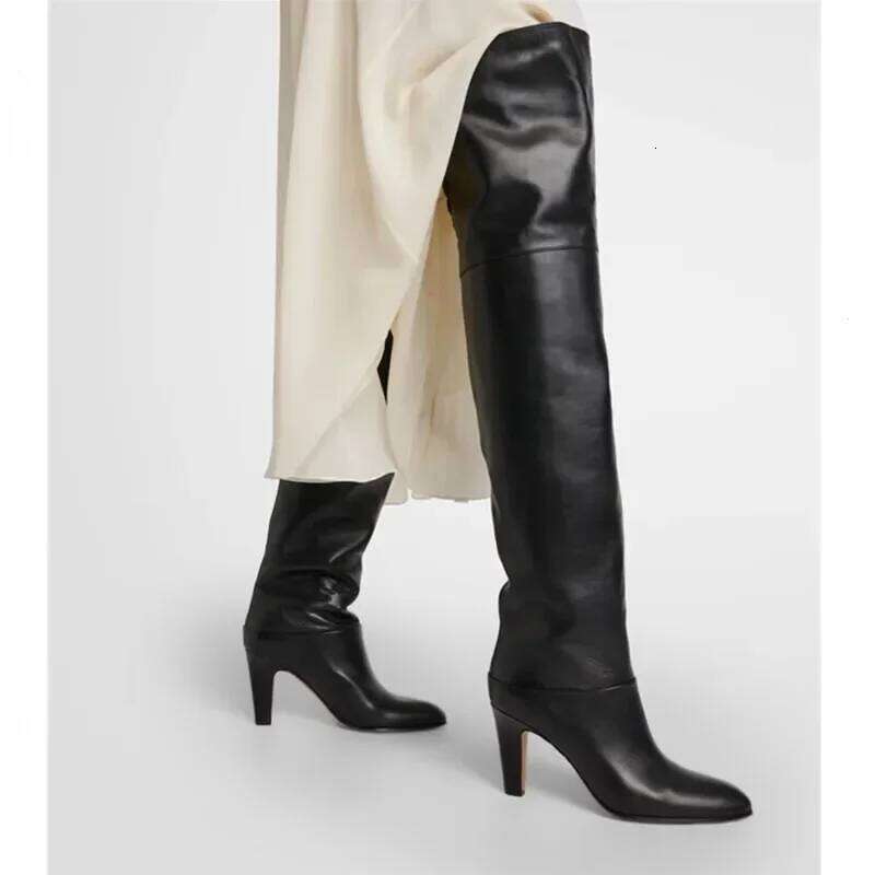 European American Simple and Versatile High Heels Over The Knee Sleeve Leather Boots, Women's Large Round Knight Boots - view 7