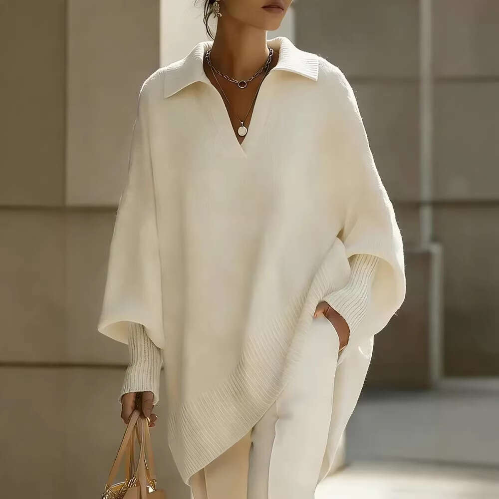 Cross-Border Spring and Autumn New Independent Station Solid Color Long Sleeve Knitted with Turn-Down Collar Loose Lazy Style Outerwear Sweater for Wo