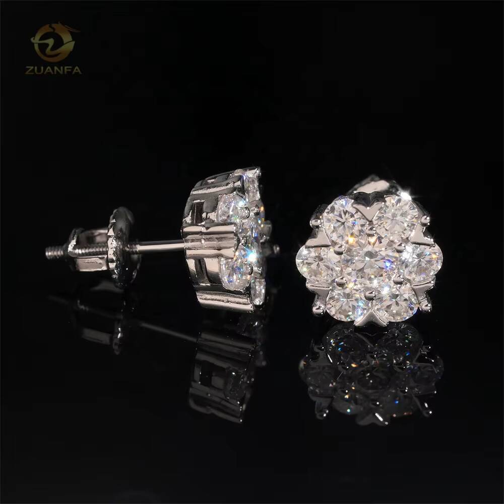 High Quality Shining Bling Flower Hip Hop 925 Silver Diamond Stud Moissanite Earrings