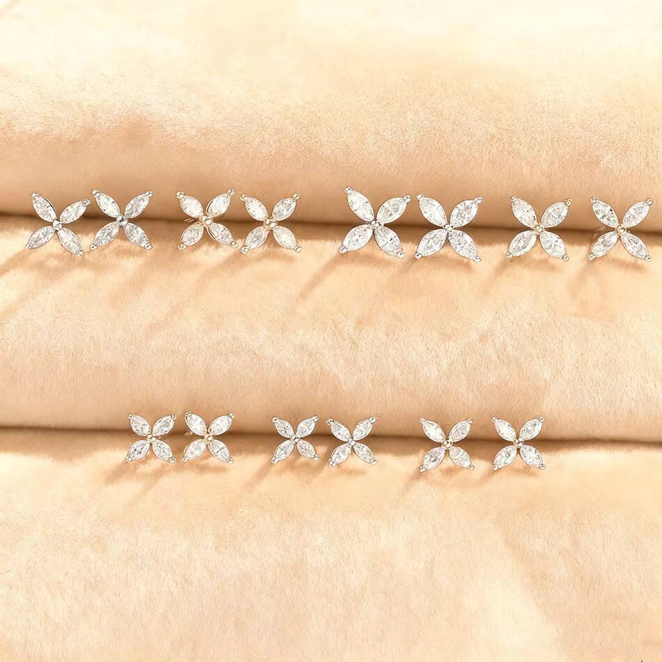 Classic Huacan Luxury 18K Gold Marquise Cut Lab Diamond Clover Flower Stud Earrings Trendy Designer Daily Wear