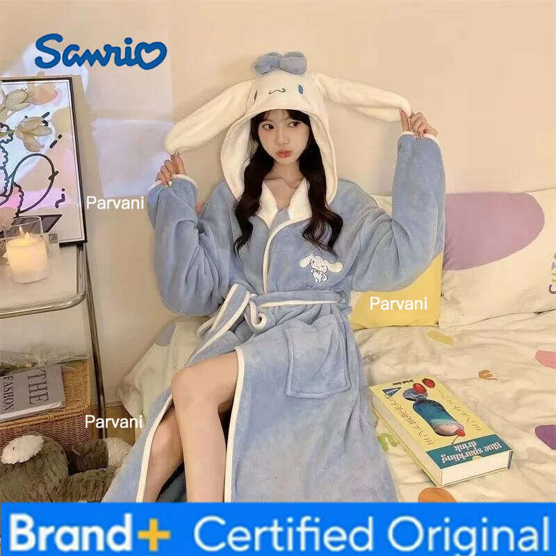 Sanrio Anime Cinnamoroll Kuromi Woman Thicke Pajamas Mid-Length Nightgown Flange Plush Bathrobe Absorbing Quick-Drying Homewear Yukata H260130