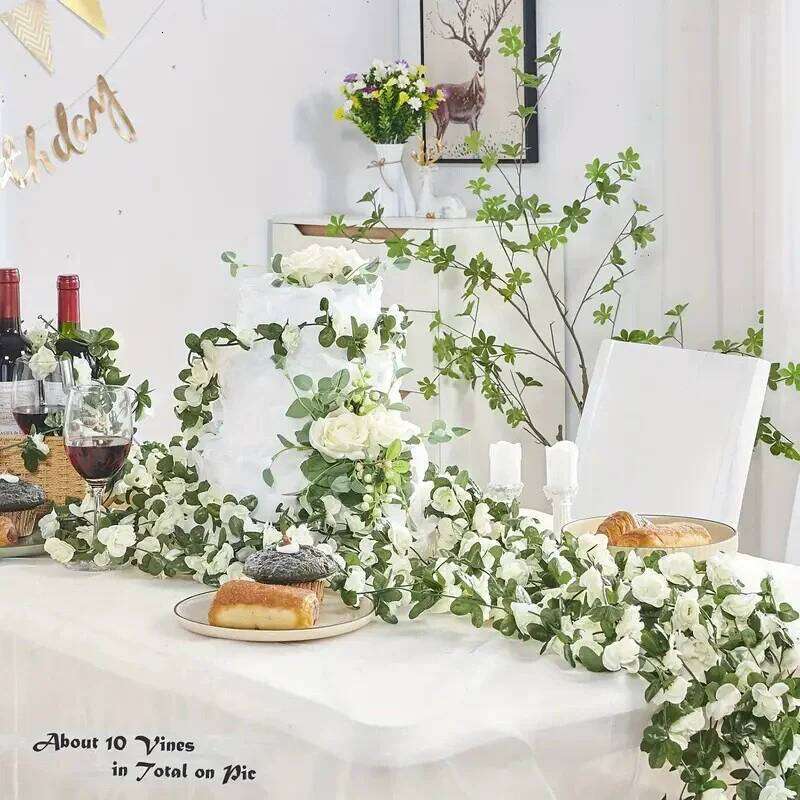 Silk Rose Artificial Vine Hanging Flowers for Wall Christmas Rattan Plants Leaves Garland Outdoor Wedding Home table Decoration Y260130