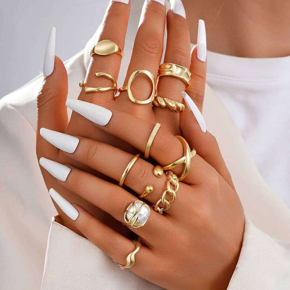 12 Pcs/Set Fashion Gold Color Irregular Geometric Open Rings For Women Men Punk Metal Adjustable Knuckle Joint Ring Jewelry Gift XJ260130