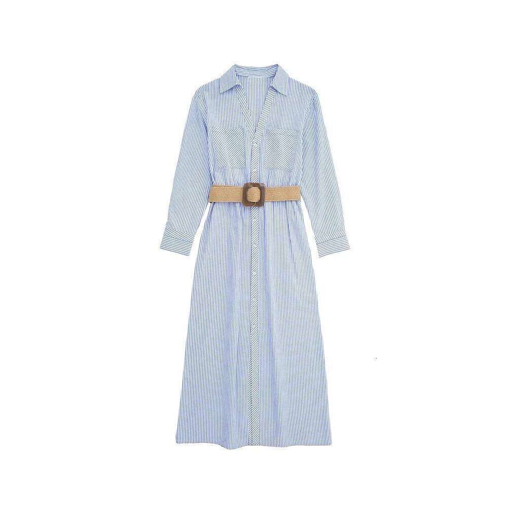 Women's Belted Single Breasted Sleeve Shirt Blue Striped Lapel Dress Street Elegant Commuter Long Dresses XJ260130