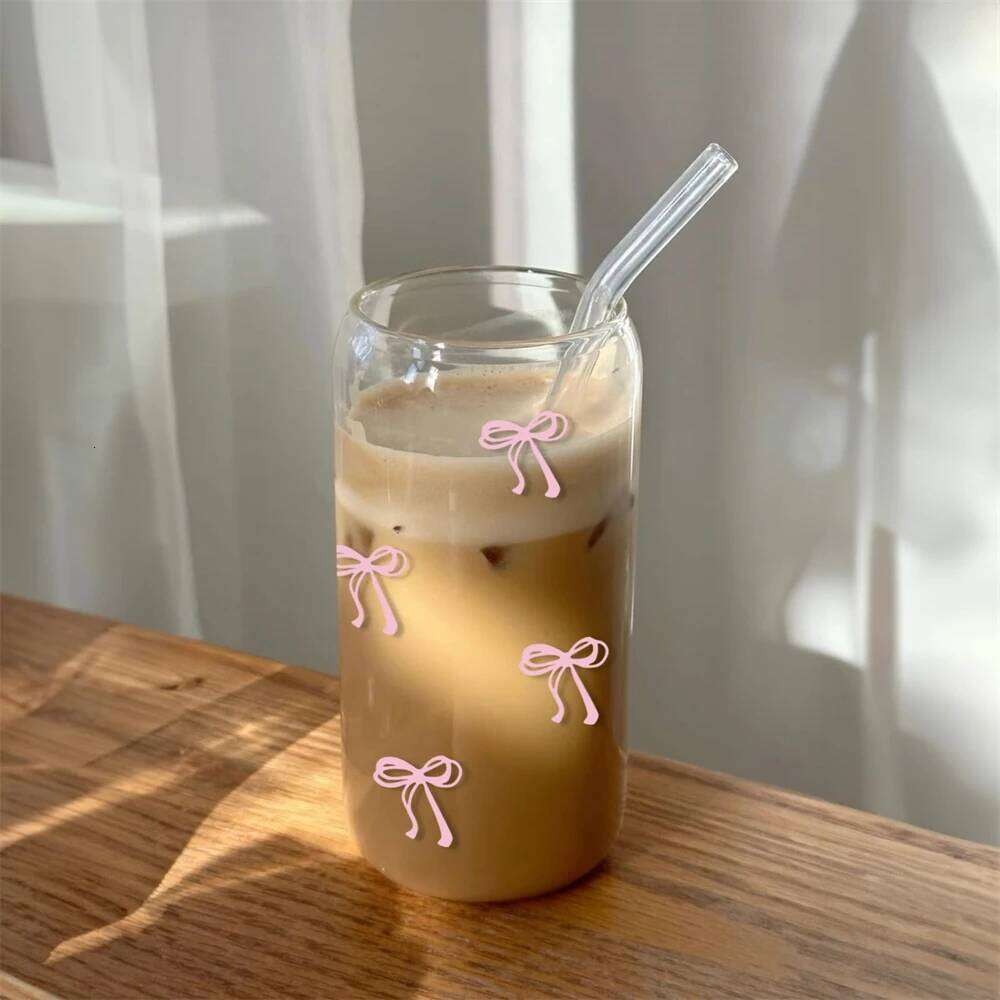 Drinking Utensils Pink Bow Glass Tumbler 500ml With Lid Straw For Outdoor Water Bottles Home Tableware High-Temperature Resistant Luxury Tea Coffee Cu