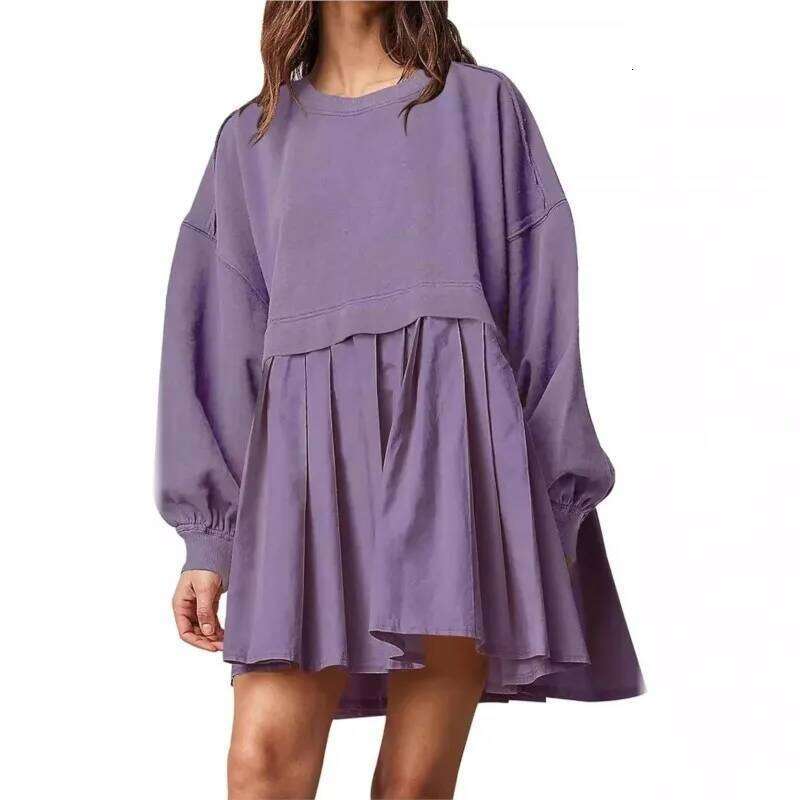 2024 Autumn Women's Sweatshirt Patchwork O-Neck Long Sleeve Oversize Loose Mini Casual Fashion Trendy Pleated Dress XJ260130
