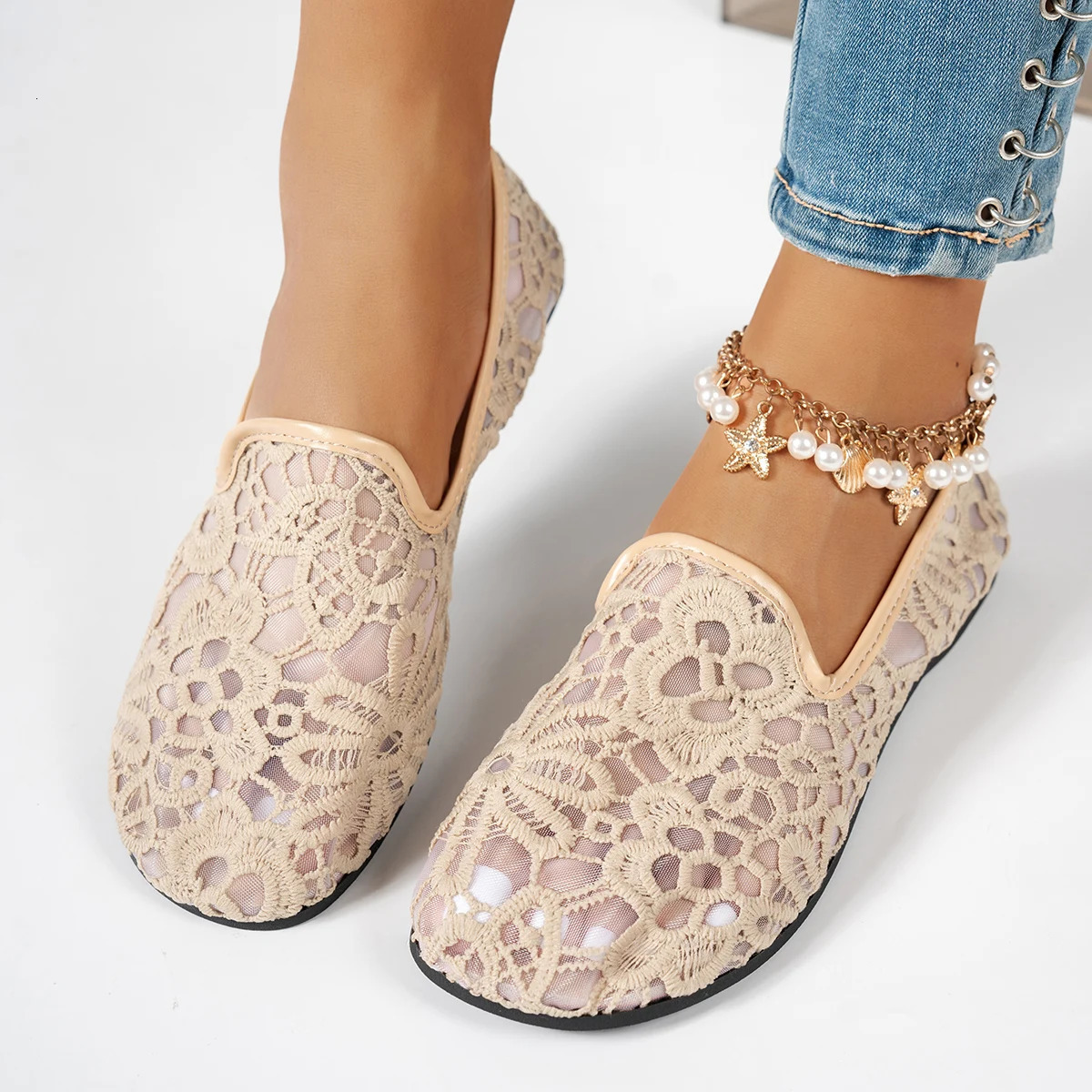 Slip-On Lazy Mary Jane Flats for Women Flat Round-Toe Shoes with Lace Embroidery and Hollow-Out Loafers 260123