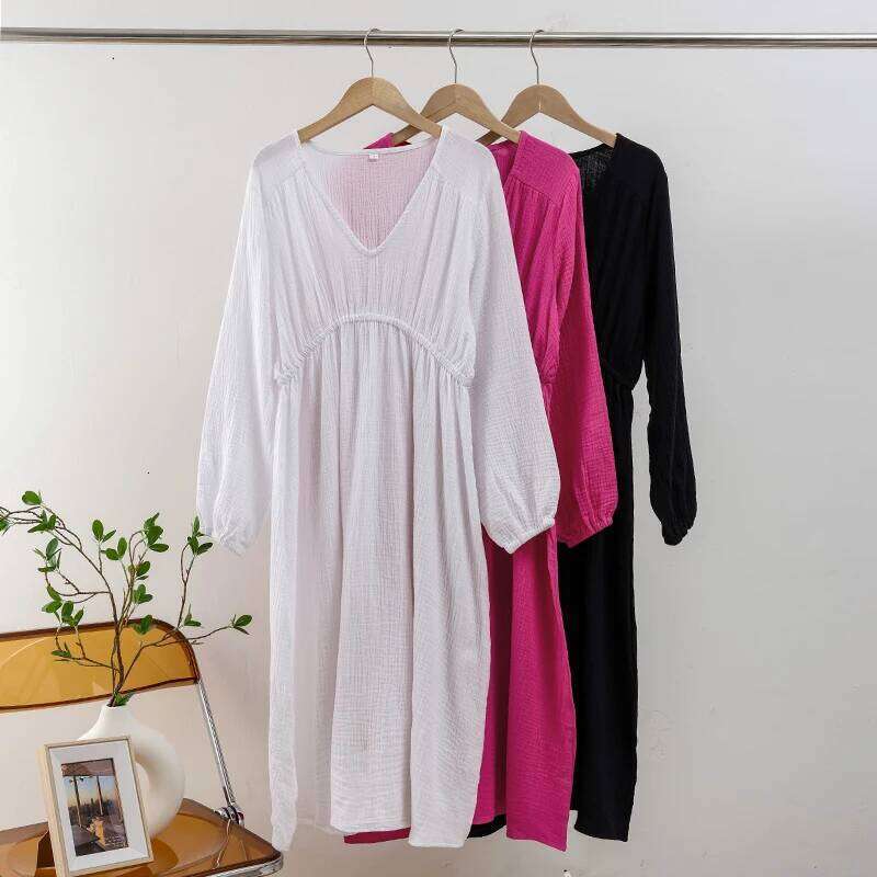 Elegant 100% Cotton Long Sleeve V-Neck High Waist Evening Party Dress Women Robe Girl White Midi Dresses Mori Look XJ260130