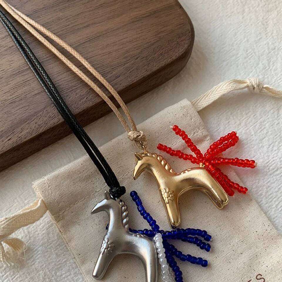 Vintage Metallic Cartoon Horse Beads Strand Tassel Pendant Necklaces for Women Long Adjustable Wax Rope Chain Choker Accessroy