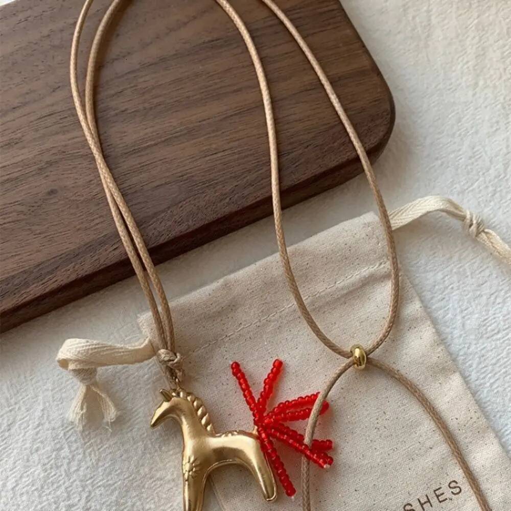 Creative Sweater Chain Pony Pendant Horse Long Wax Rope Jewelry Accessories Golden PU Leather Necklace Women