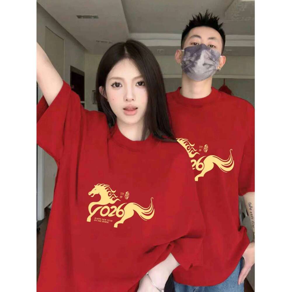 New Year Chinese Zodiac Cotton T irt ort Sve Loose Women s Top Couple Matching Red Color Faion Trend luanyun