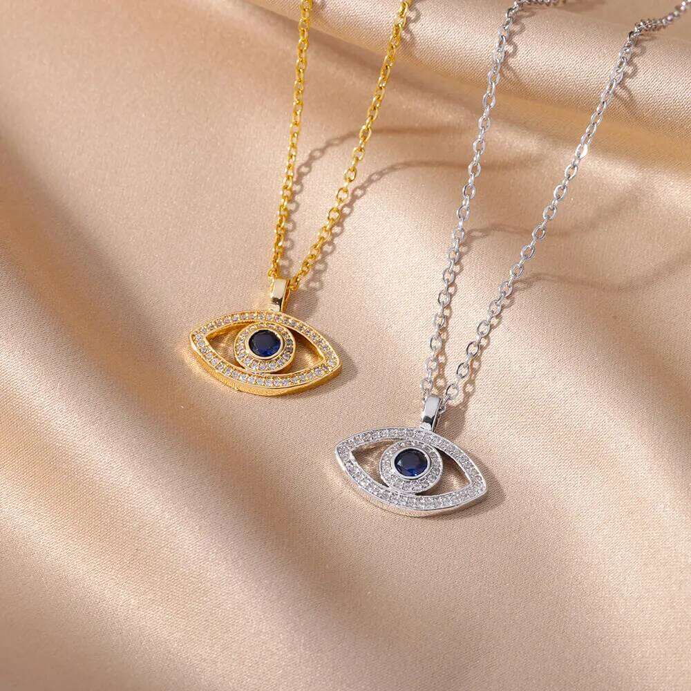 Zircon Blue Evil Necklace for Women Gold Color Stainless Steel Turkish Eye Pendant Necklaces Lucky Jewelry Gift collier femm