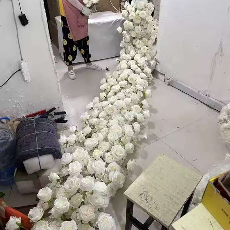 New Luxurs White Rose Sofa Table Runner Flower Row Wedding Backdrop Decor Floral Arrangement Party table Window Display Props Y260130