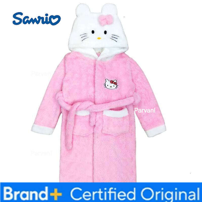 Sanrio Y2K Kawaii Hello Kitty Pajamas Girls Nightgown Children's Autumn and Winter Hooded Bathrobe Casual Tops Home Clothing Set H260130