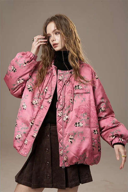 Mardi Hefxessdr ELFSACK Women s Pink Panda Puffer Jacket with Drawstring Warm Quilted Winter Coat Cute Floral Print Casual Street Style