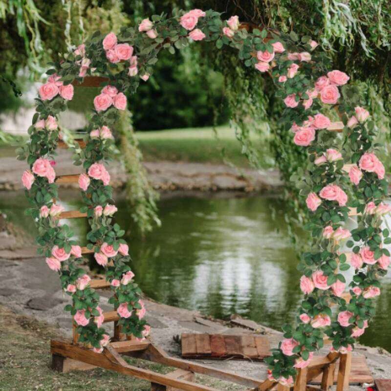 200CM 9heads Artificial Pink Rose Vine Wreath Fake Flowers Hanging Silk Garland for Home Wedding Party Arched Wall Decorations Y260130
