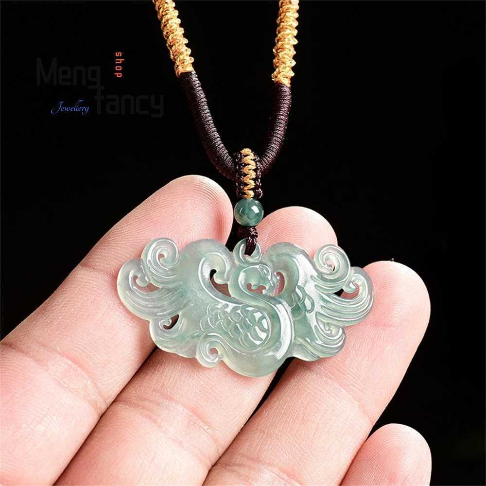 Genuine Natural A-grade Jadeite Blue Water Phoenix Pendant With the Arrival of the Phoenix Ice Type Jade Pendant Fashion Jewelry Y260130