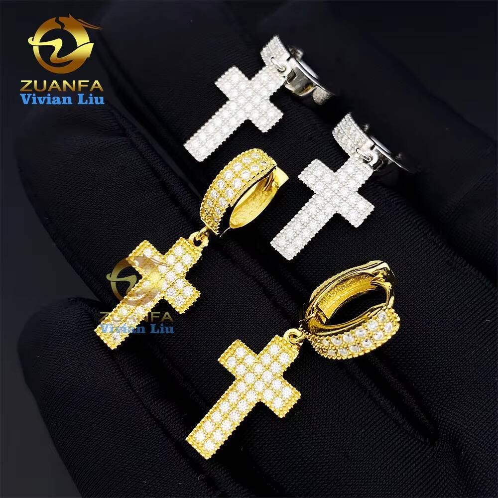 Bulk Stock Best Selling Drop Shipping Gold Plated 925 Silver Iced Out Hip Hop Moissanite Diamond Cross Shape Drop Earrings Men