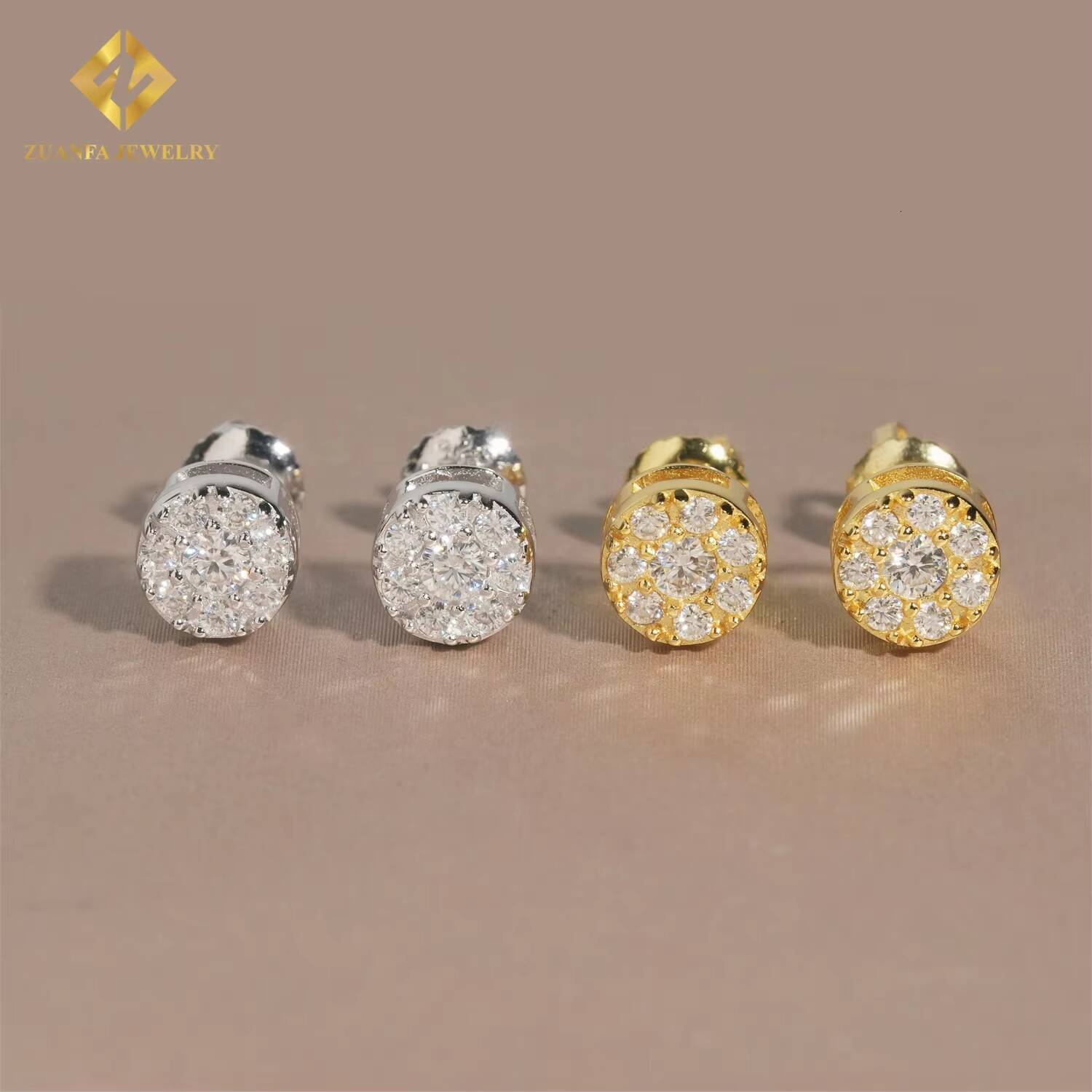 Fast Shipping Round Fashion Cluster Stud Earring Solid 925 Silver VVS Moissanite Iced Out Full Paved Hip Hop Earring