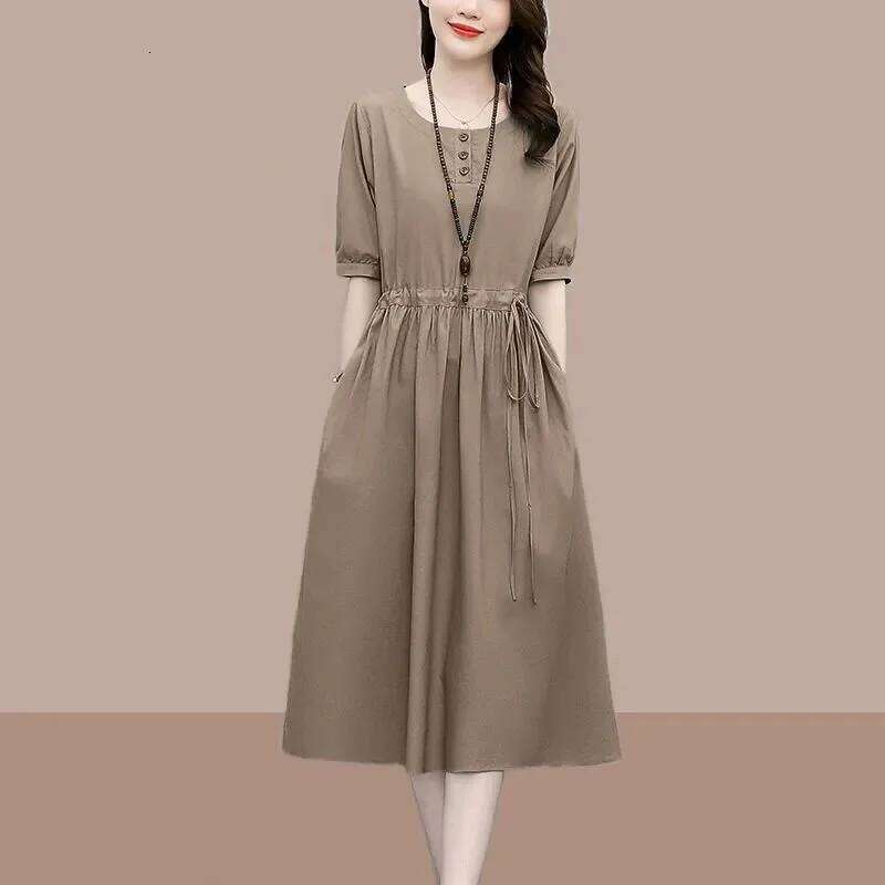 Summer Solid O Neck Pocket Drawstring Midi Dress Women Fashion 2022 Korean Elegant Cotton Linen Casual Loose Comfortable Dresses XJ260130