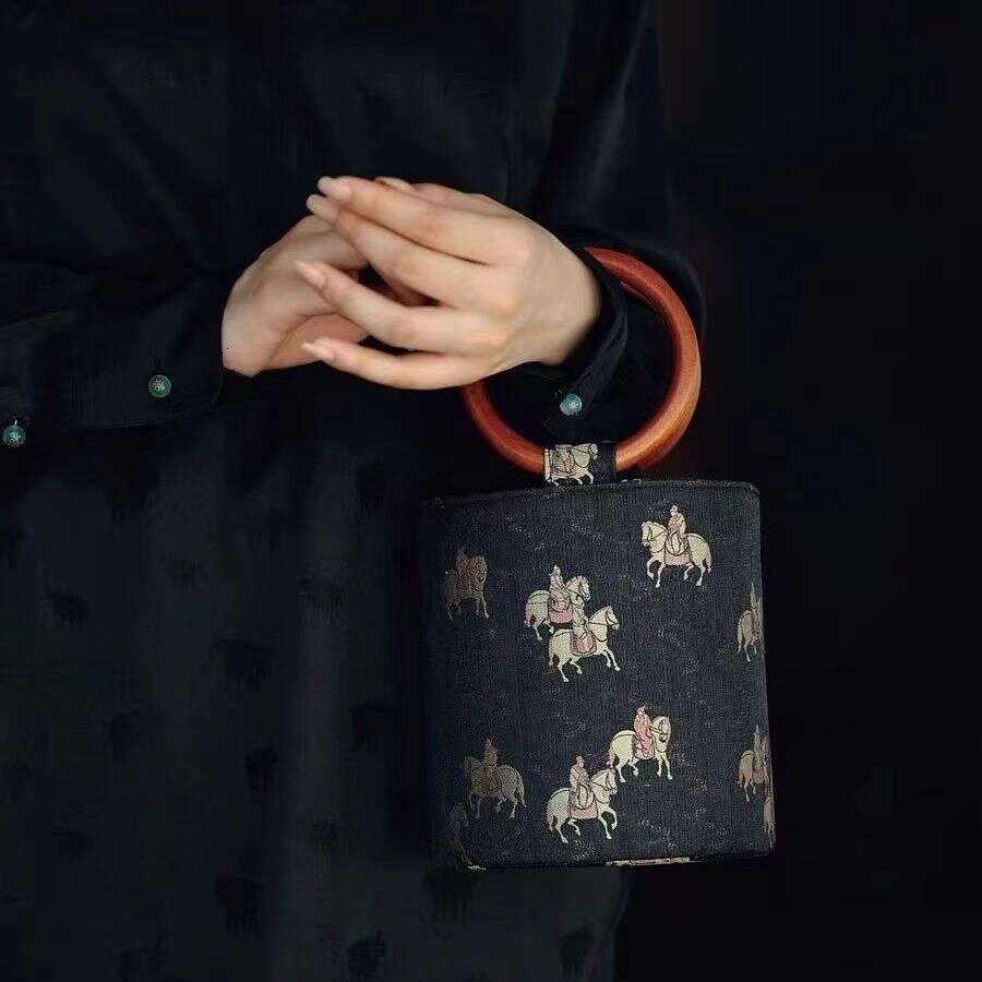 Ethnic Round Ring Wooden Handle Song Brocade Tang Horse Pattern Retro Wealth Bucket Cylinder Bag Autumn Winter Chinese National Style