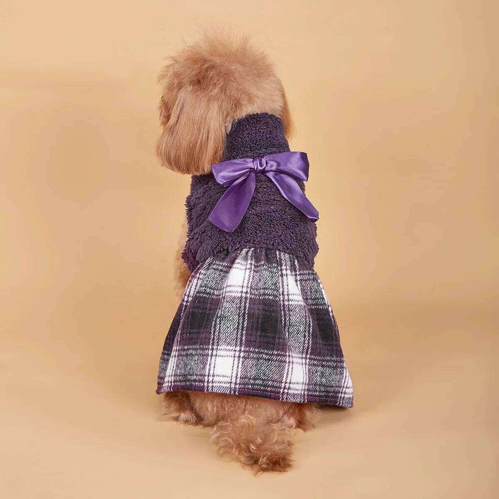 Dog Dress Small Warm Costume Plaid Printed Puppy with Doggie Pet Clothes Bowknot Apparel for Dogs Cats Daily Wear H260129
