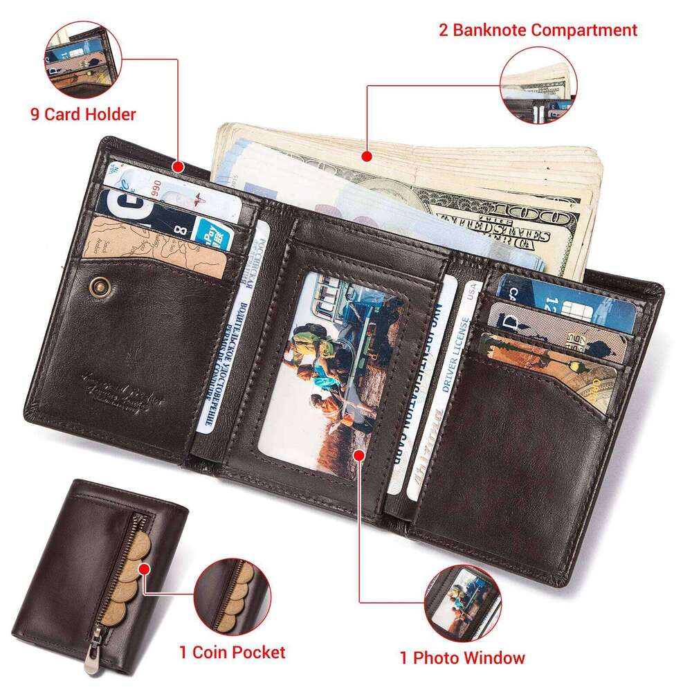 HUMERPAUL Slim Wallet for Men RFID Original Genuine Leather Trifold Cards Holder Small Luxury Male Clutch with Zipper Coin Pouch Z260130