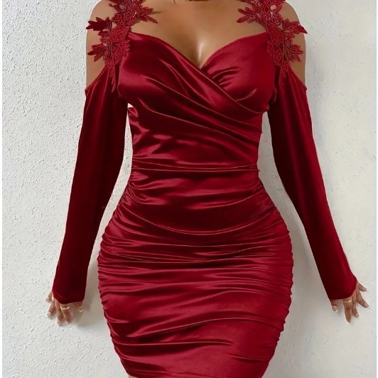 Luxury Brand Designer Clothes 2025 European And American Spring And Autumn New Satin Elegant Lace Bodycon Dress Ruched Dress