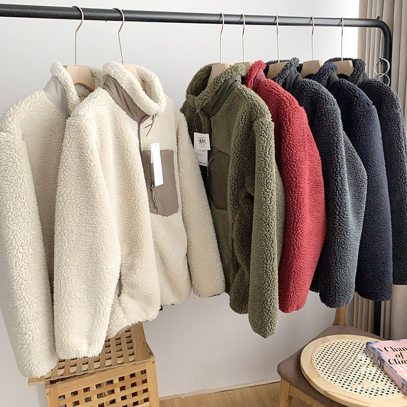 Japanese Style Unisex Fleece Jacket Winter Thickened Warm Stand Collar Sherpa Coat for Men Women Loose Fit Outdoor Zipper Jacket