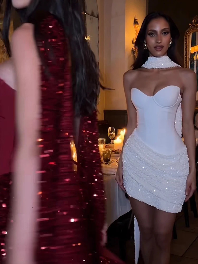 Weird Puss Sexy Women DressScarf Valentines Day Banquet Strapless Sequins Patchwork Ruched Peach Hip Birthday Party Bodycon 260127