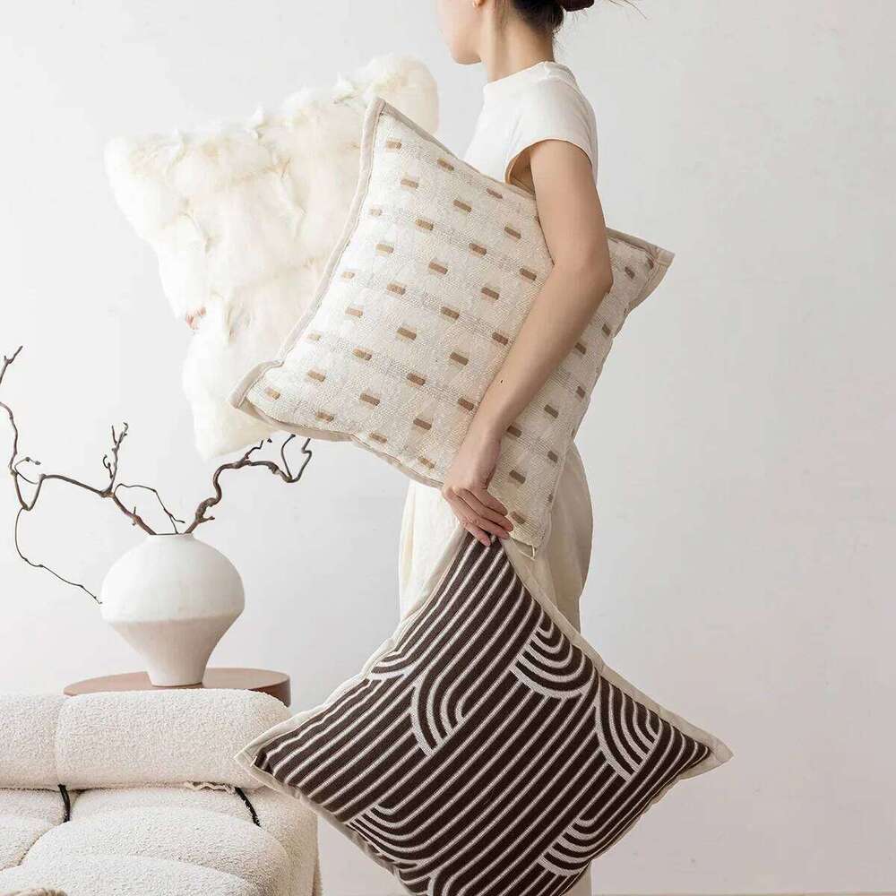 Pillow Case Beige Brown Striped Jacquard Cushion Light Luxury Wabi-Sabi Home Decor Cover Living Room Pillow Cases