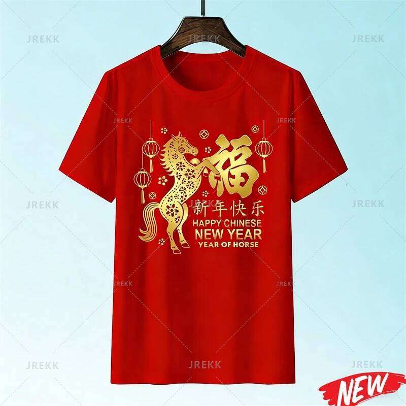 Red Color Chinese Horse T shirt For Men Women Happy New Year Round Neck Tee Shirts Polyester Family Short Sleeves luanyun