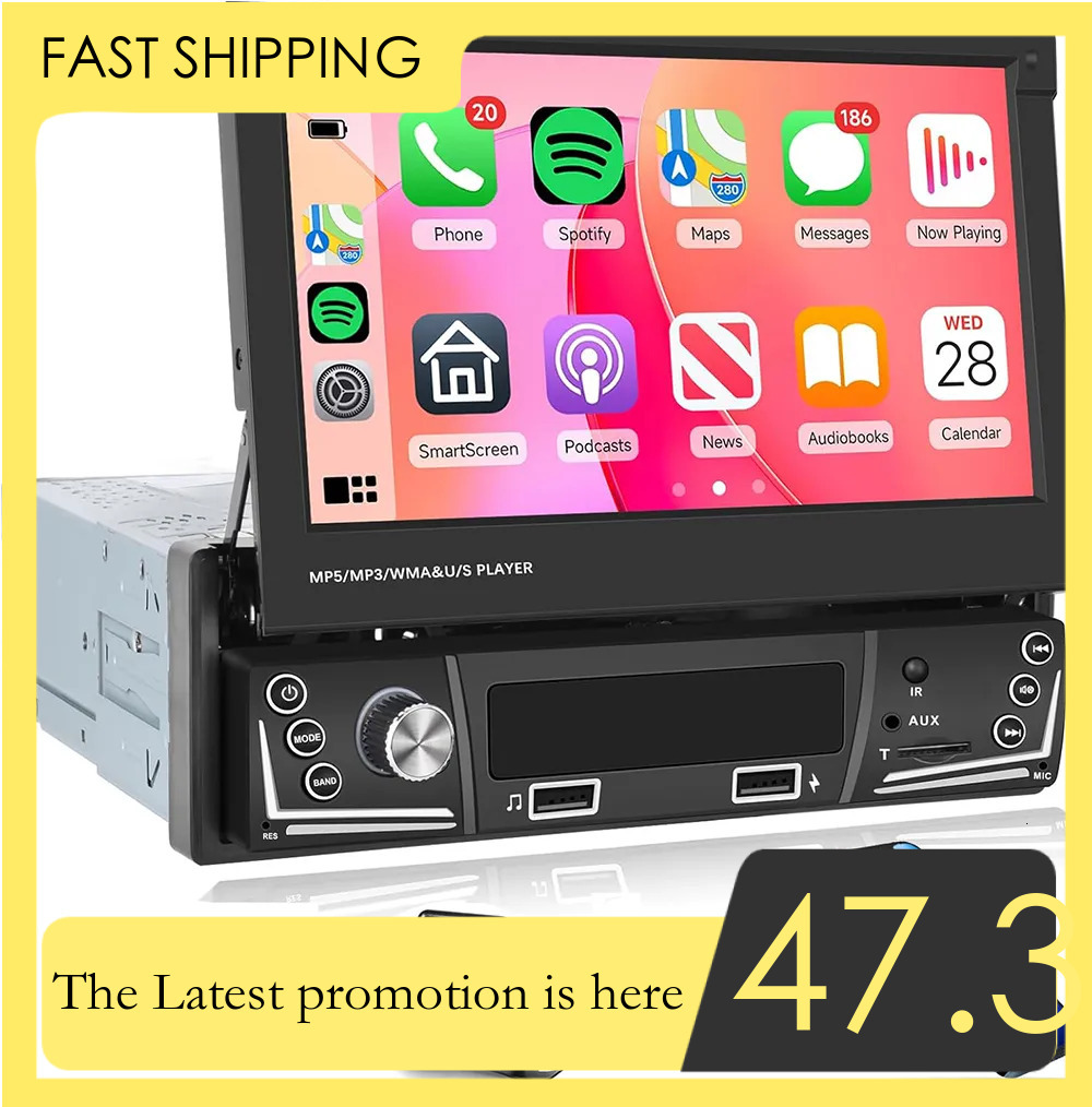 Update 2026 7 Inch Touchscreen Stereo Wireless Carplay Android Auto Automatic Flip Out Screen Car Radio Bluetooth Fm/Am, Usb/Tf/Aux, Swc, Voice Control, 12 LEDS Backup
