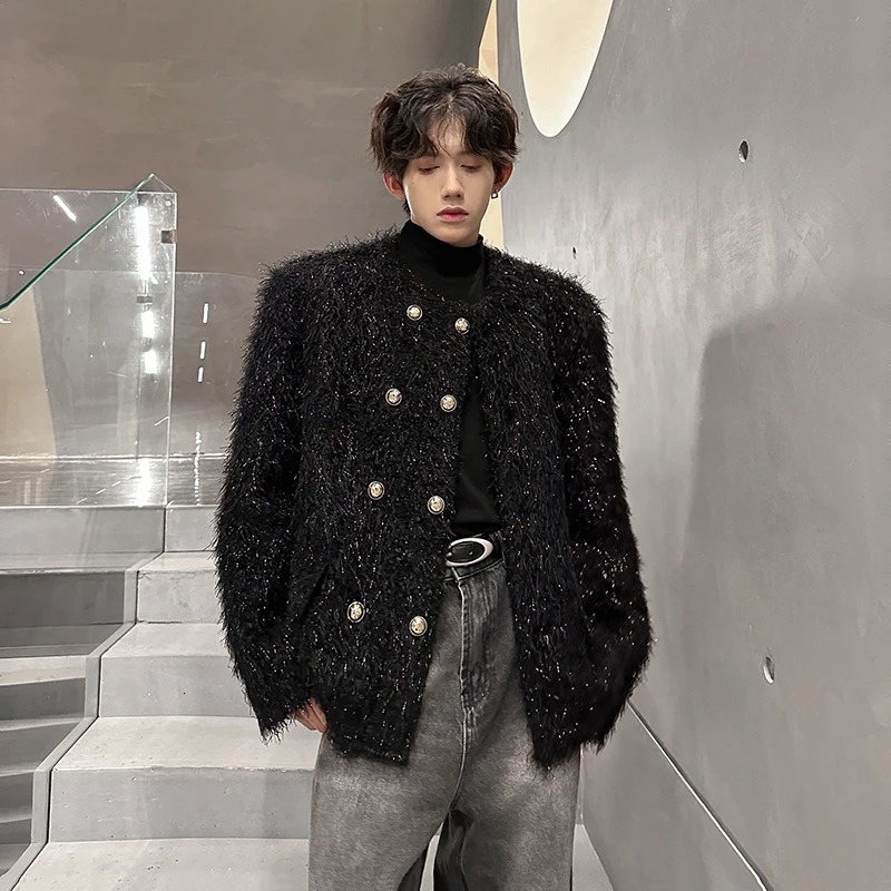 Mens Double-breasted Woolen jacket Cardigan Autumn Winter Trend Collarless Jacket Fashion Korean Style Chic Elgance Coat 260122