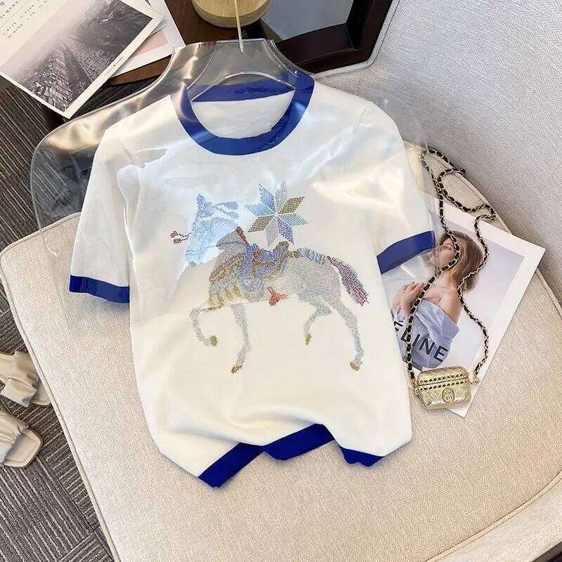 Women's Clothing Hong Kong Style Hot Fix Horse T-Shirt Summer Knit Short Sleeve Casual Tees Lady Designer Fashion Versatile O-Neck Pullover Tops