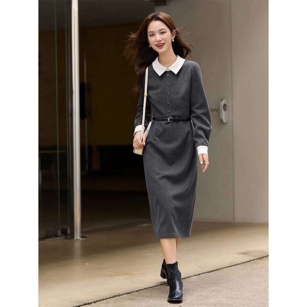 VIMLY Chic Dress for Women Casual Contrast Color A Line Long Dresses 2025 Winter Cuff Buckle Lapel Collar Female Clothing A3391 XJ260130