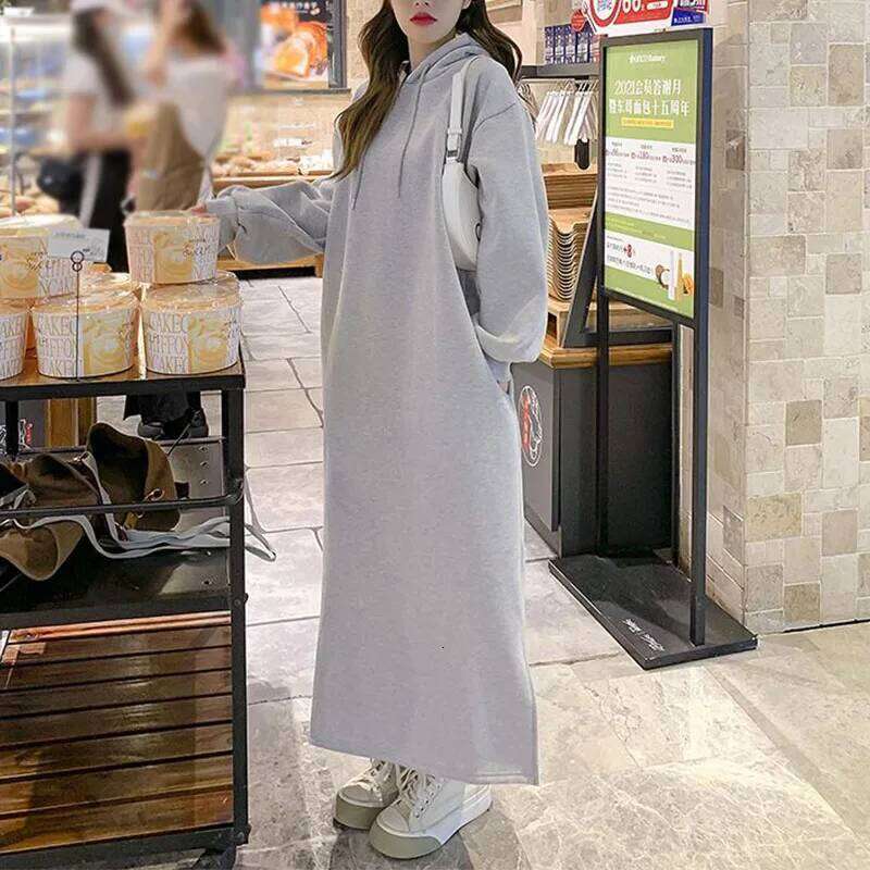 Korean Fashion Dresses Autumn Winter New Women Solid Hooded Plus Velvet Long Sleeve Loose Ankle-Length A-line Sweatshirt Dress XJ260130