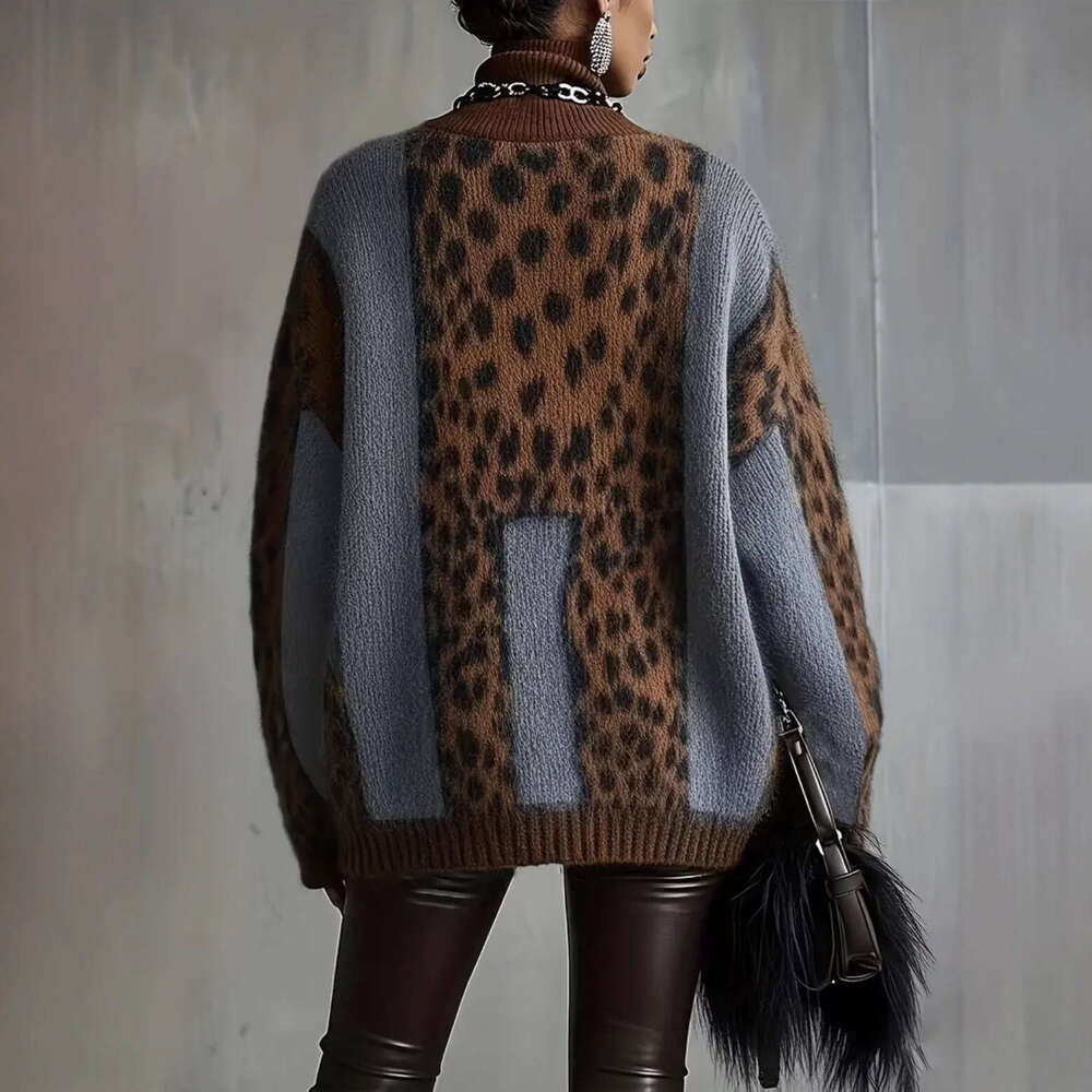 European American Cross-Border Lazy Style Leopard Print Knitted Sweater Women, Autumn and Winter Thickened Loose Vintage Patchwork Top for Women