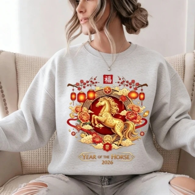 Printed Causal Hoodies Chinese New Year Horse Print Unisex Sweatshirt 2026 Lunar Year Warm Casual Pullover