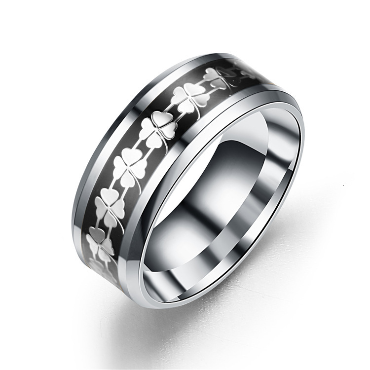 New Micro Inlaid Glazed Four-Leaf Clover Titanium Steel Fashion Personality Hot-Selling Tail Ring Manufacturer Wholesale